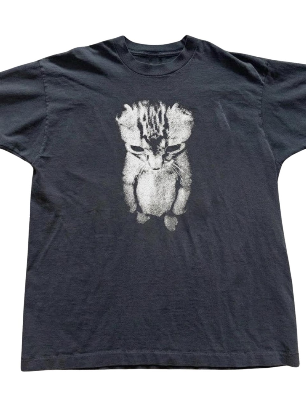 Black Short Sleeve Tee with White Kitten Graphic